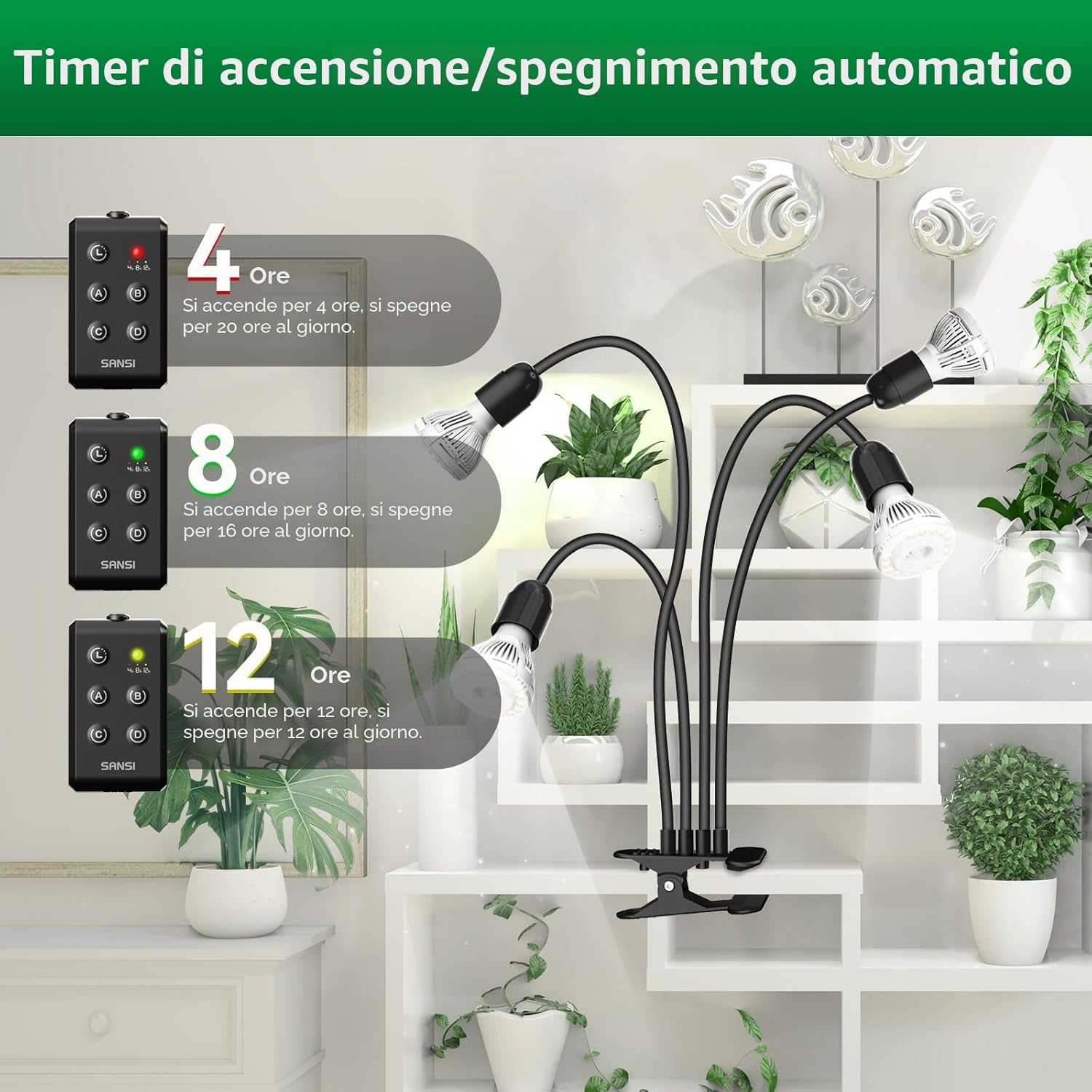 Lampada LED da Coltivazione a 4 Teste Flessibili con Clip e Timer SANSI (40W - Spettro Completo) 💡🪴✨