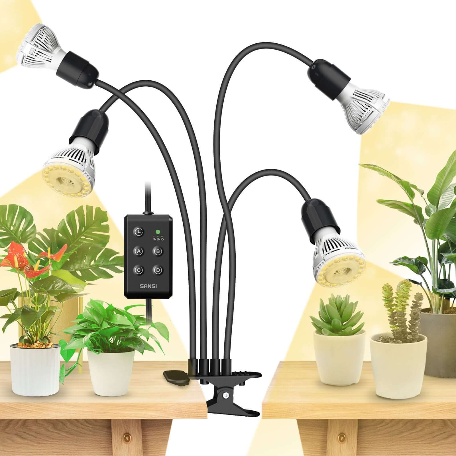 Lampada LED da coltivazione SANSI a 4 teste flessibili da 40W con clip orientabile, timer automatico e luce naturale a spettro completo.