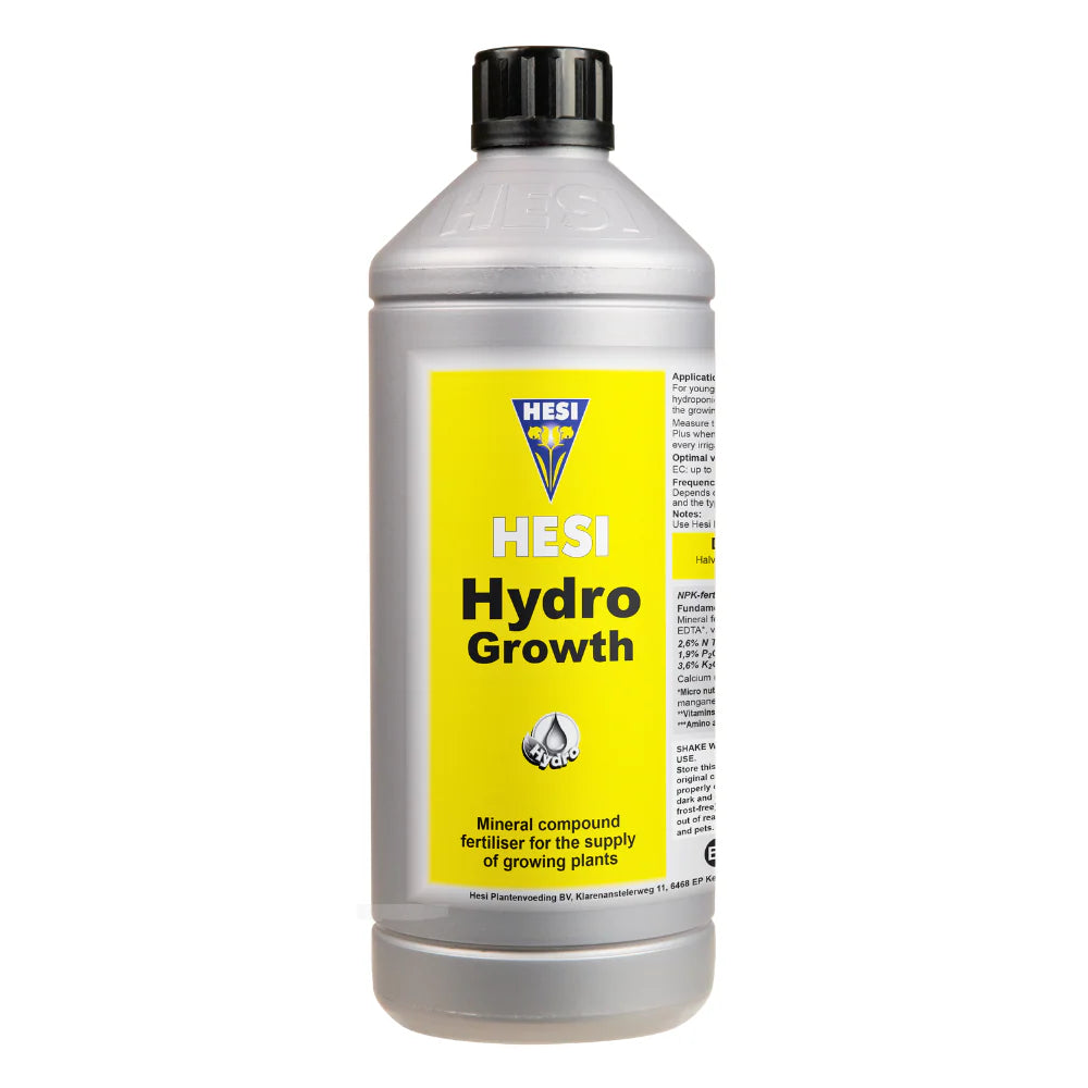 Flacone da 1L di fertilizzante liquido HESI Hydro Growth per la fase di crescita vegetativa e lo sviluppo in sistemi idroponici e semi-idroponici.
