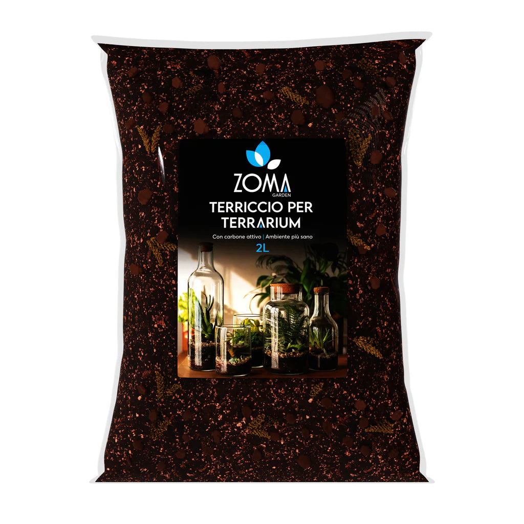 Confezione di substrato specifico per terrarium ZOMA di Dreaming Plants con carbone attivo, humus di lombrico e inerti per la stabilità degli ecosistemi in vetro.