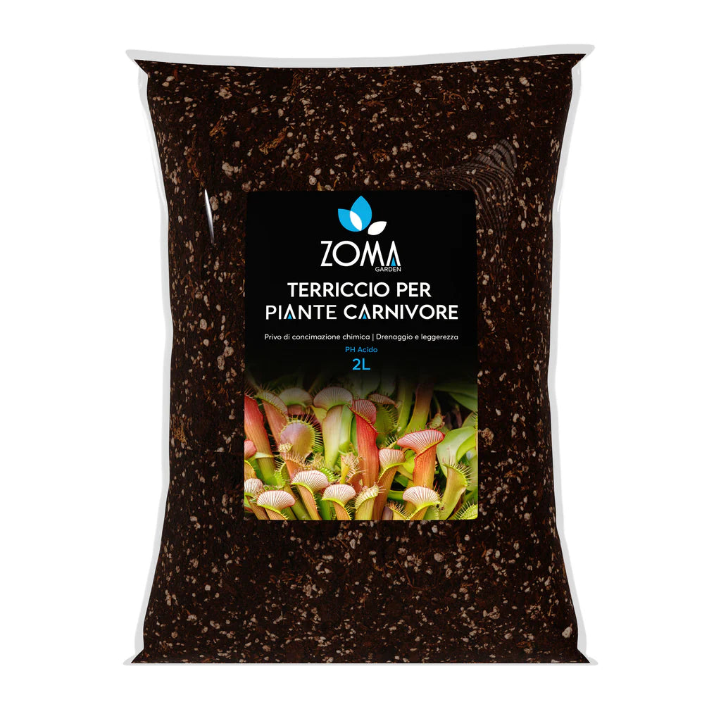 Confezione di terriccio specifico per piante carnivore di Dreaming Plants con torba pura di sfagno a pH acido 3,9, perlite e quarzite.