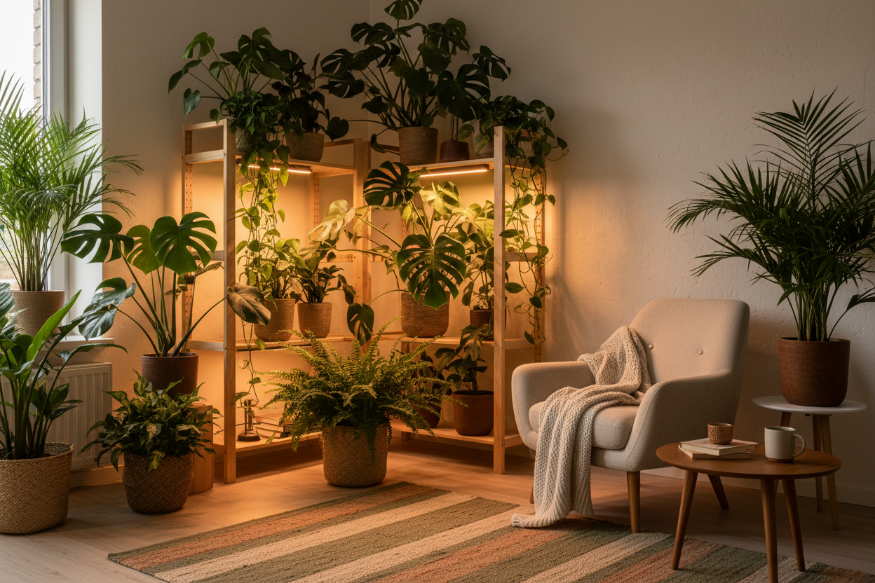 Angolo buio della casa trasformato in giungla urbana grazie alle lampade LED per piante