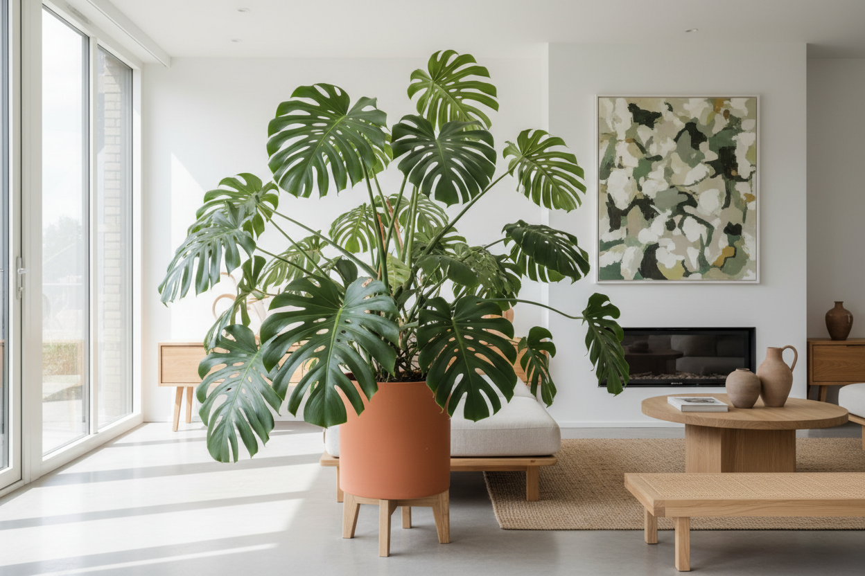 Monstera Deliciosa rigogliosa con foglie giganti intagliate in un ambiente luminoso
