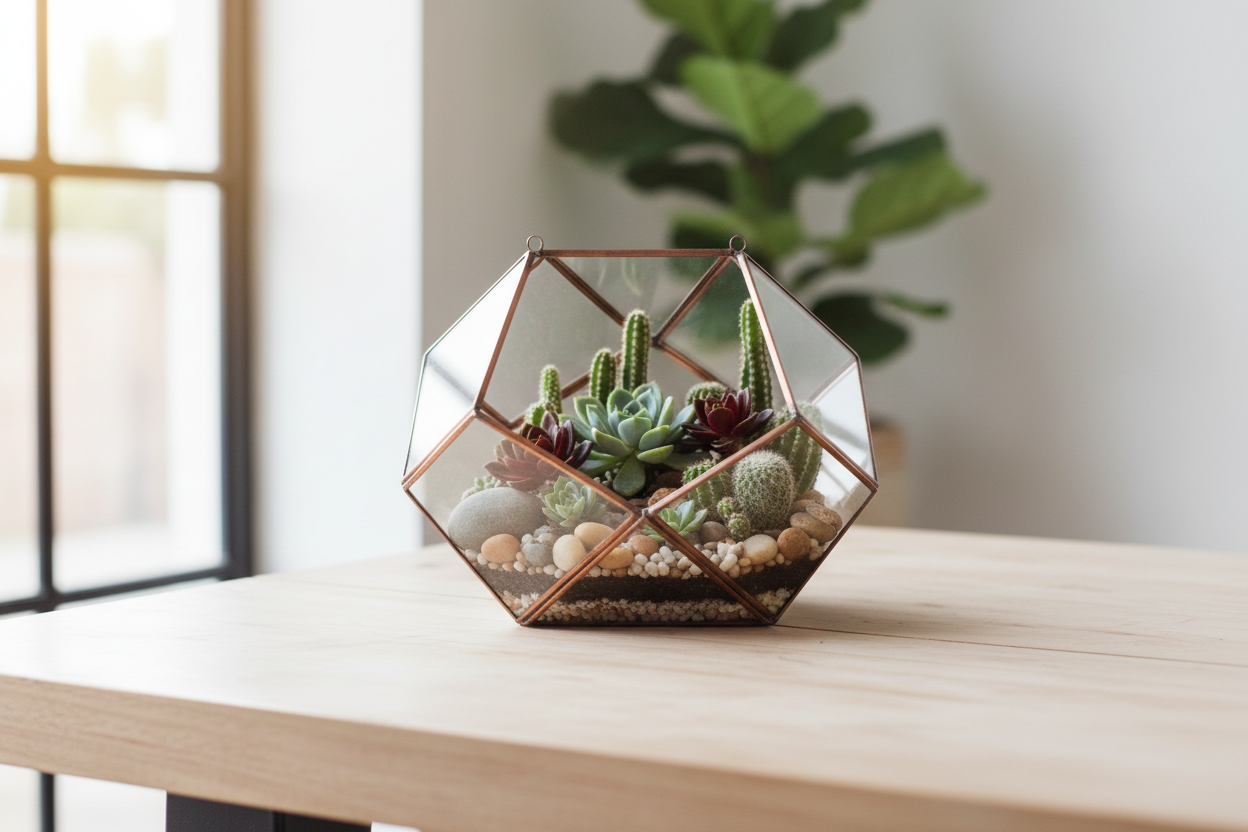 Terrarium di vetro aperto con piante grasse e succulente in un ambiente luminoso