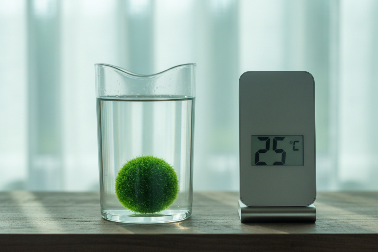 Un vaso in vetro contenente un'alga marimo accanto a un termometro da interni per monitorare la temperatura durante i mesi estivi.