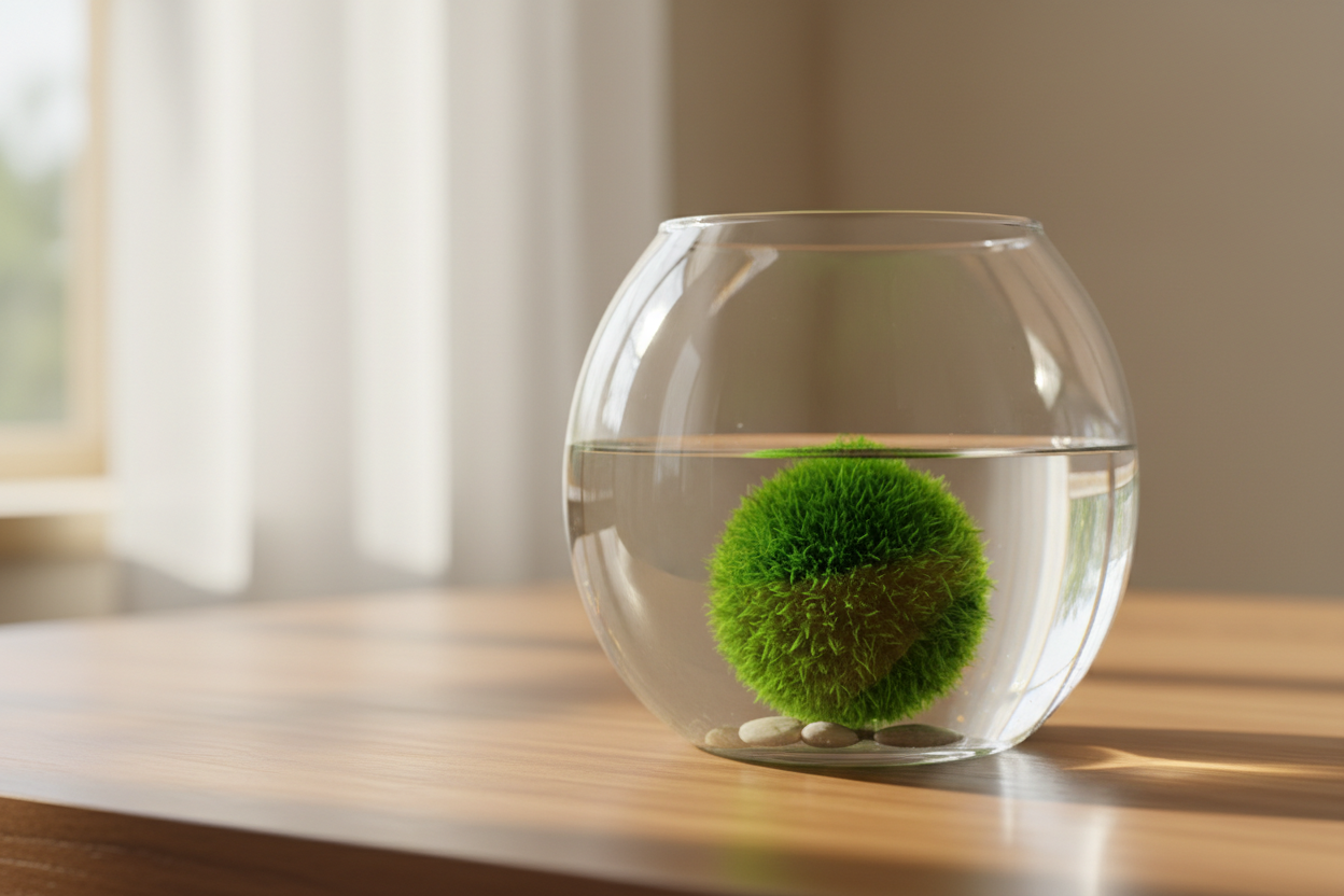 Un'alga marimo verde brillante all'interno di un elegante vaso in vetro trasparente appoggiato su un tavolo di legno, in un ambiente domestico rilassante.