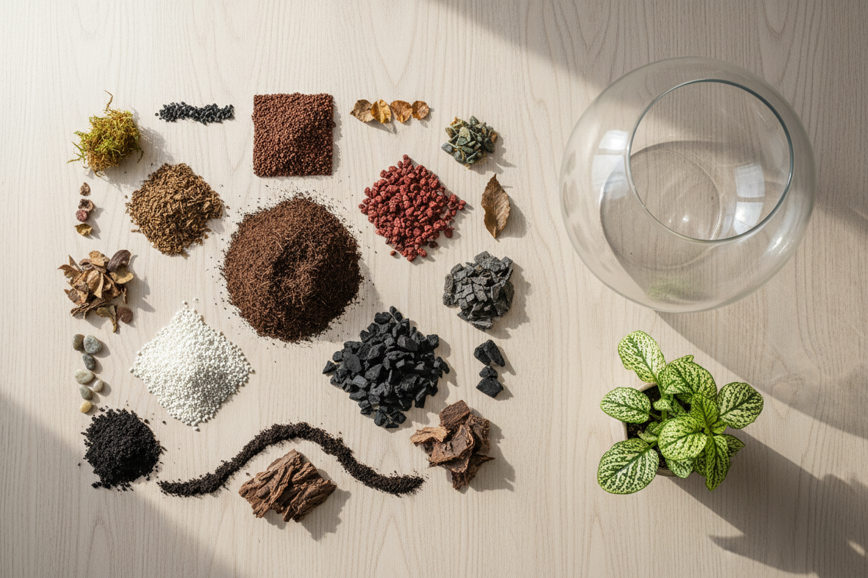 Ingredienti naturali per la preparazione del substrato perfetto per terrarium, tra cui terriccio di cocco, lapillo vulcanico e carbone attivo, disposti su un tavolo di legno accanto a un vaso in vetro.