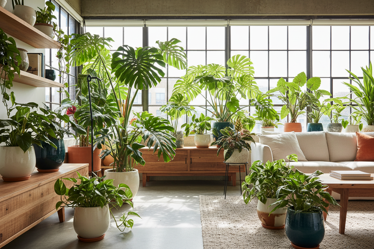 Piante tropicali da interno rigogliose in un salotto luminoso stile urban jungle dreamingplants