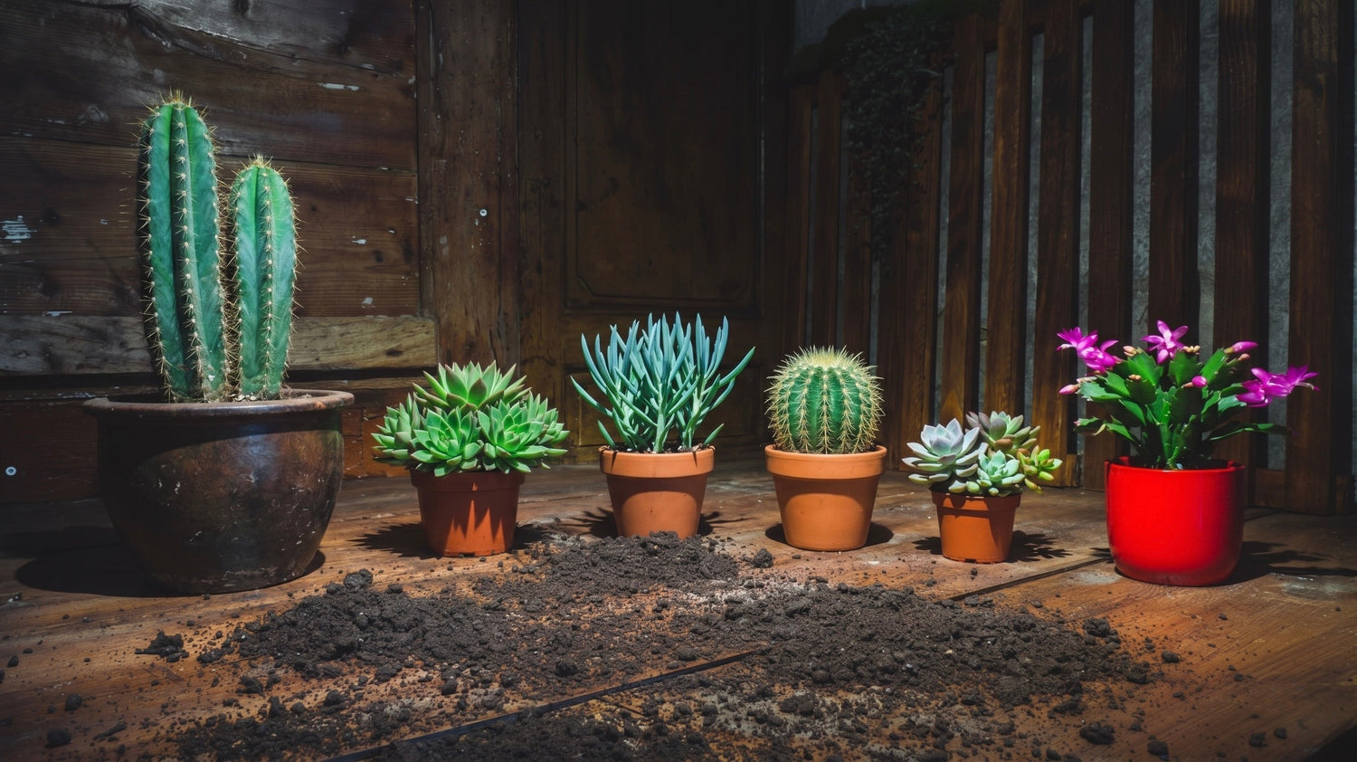 Varietà di piante grasse e succulente ricercate, tra cui cactus colonnari, Echeveria e piante grasse fiorite in vasi di terracotta e ceramica su un piano in legno rustico.