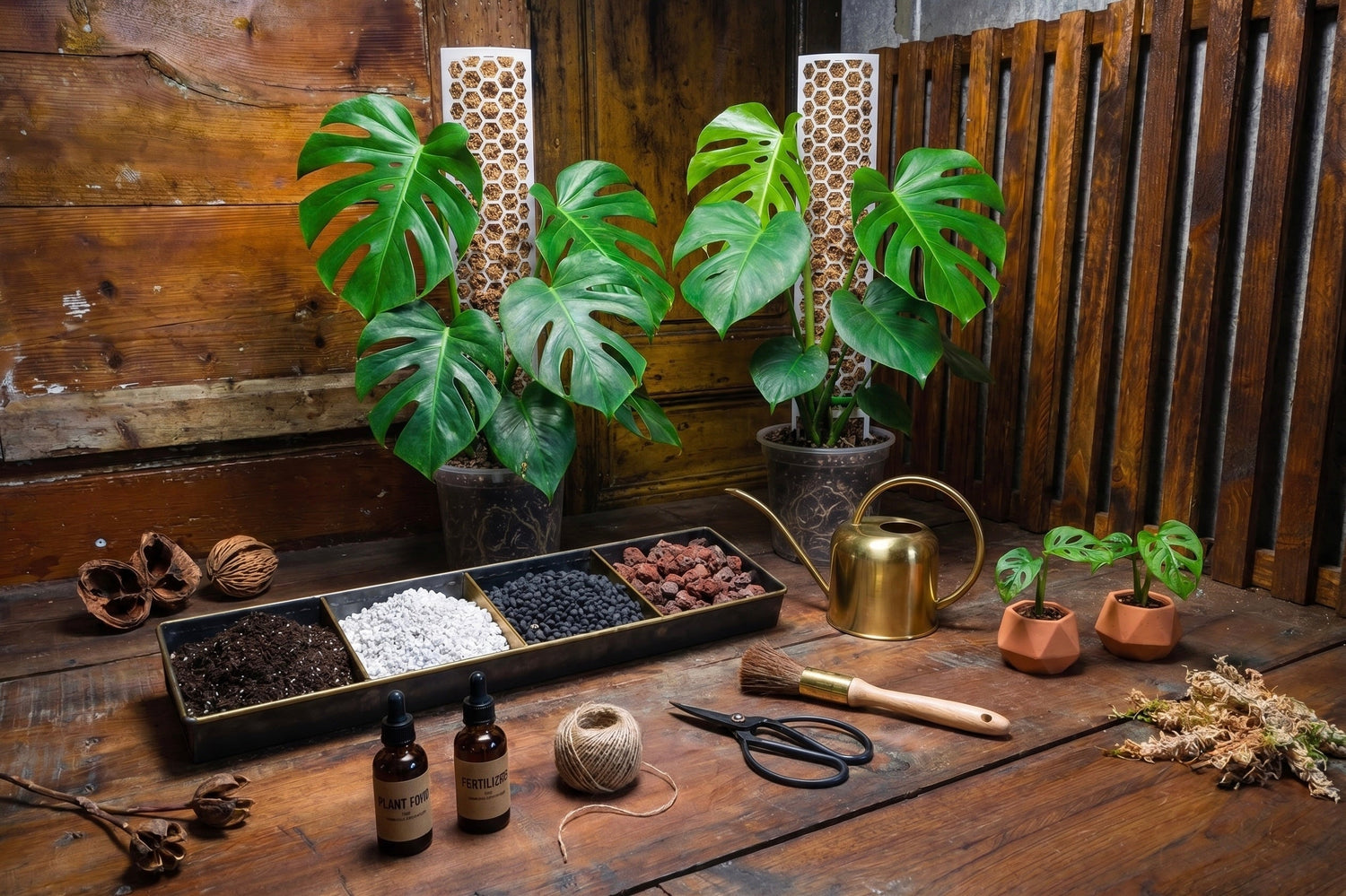 Selezione di accessori professionali per la cura delle piante da interno, inclusi substrati di qualità e luci di coltivazione su uno sfondo scuro curato.