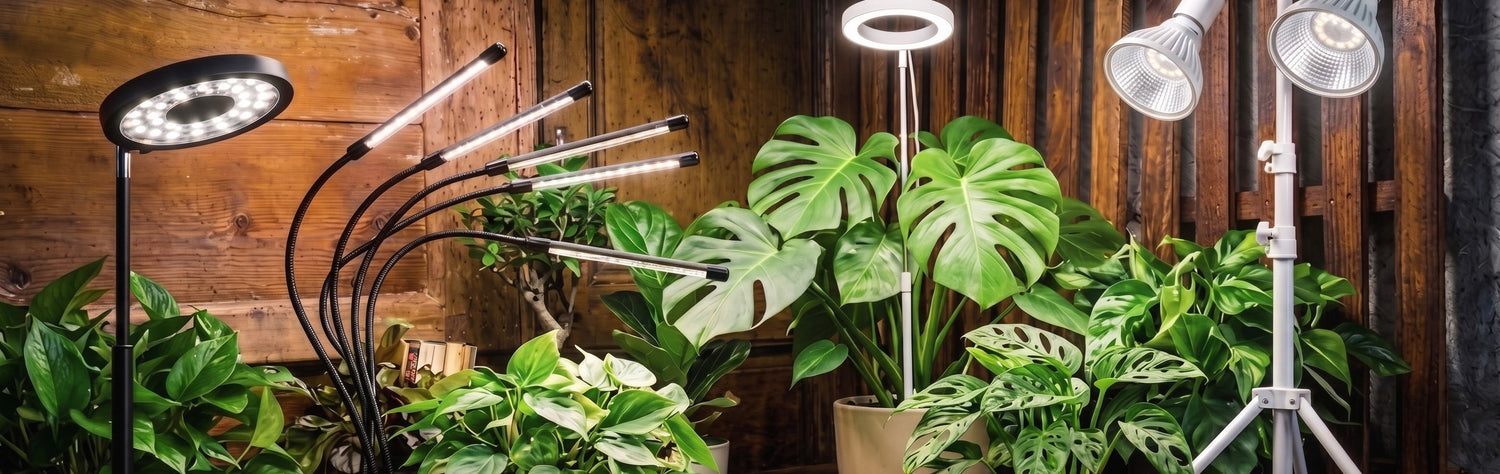 Sistemi di illuminazione artificiale e lampade grow light professionali per la crescita delle piante da interno su sfondo scuro.