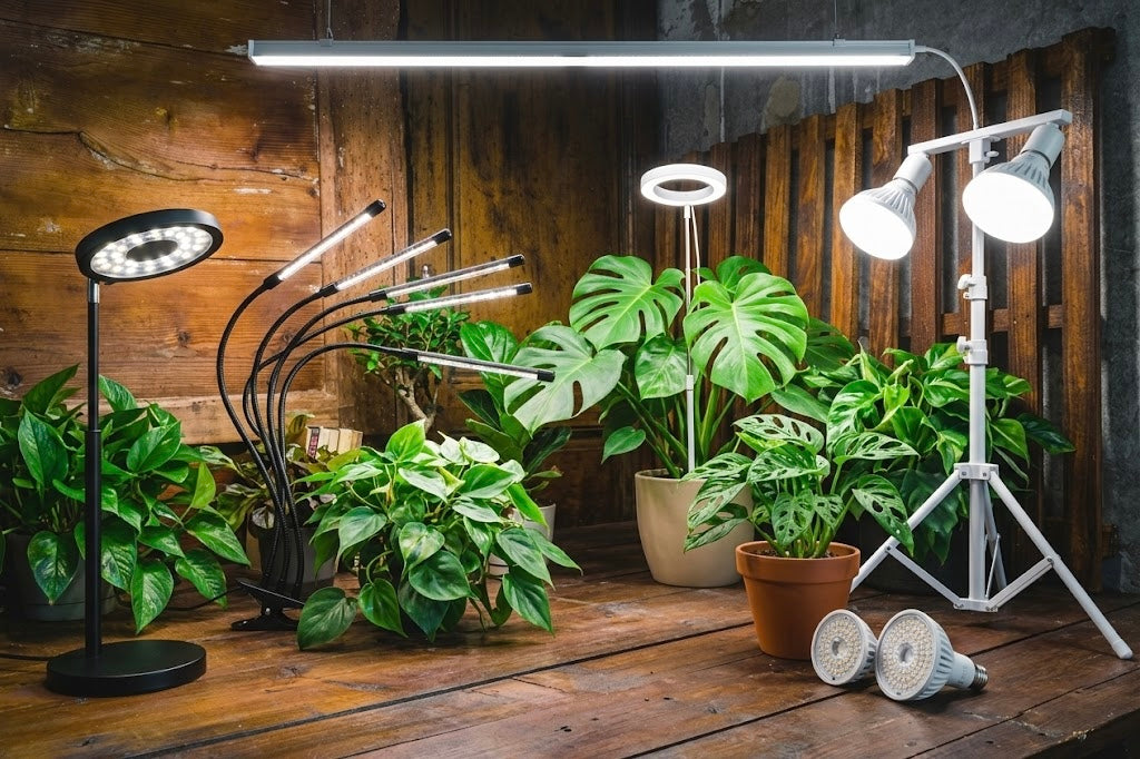 Sistemi di illuminazione artificiale e lampade grow light professionali per la crescita delle piante da interno su sfondo scuro.