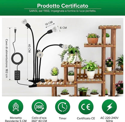Lampada LED da Coltivazione a 4 Teste Flessibili con Clip e Timer SANSI (40W - Spettro Completo) 💡🪴✨