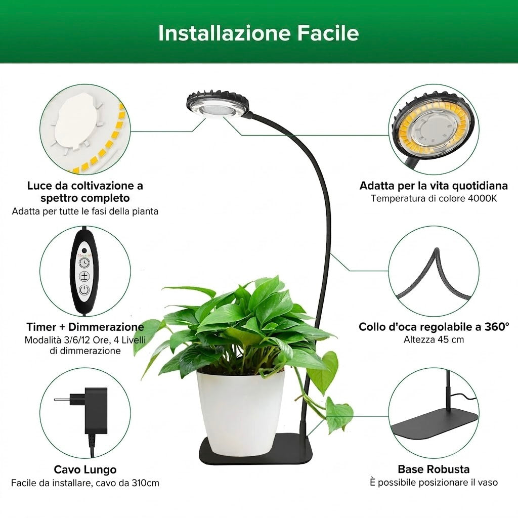 Lampada LED da Coltivazione da Tavolo con Base e Timer SANSI (12W - Spettro Completo per Piante e Terrarium) 💡🌱✨