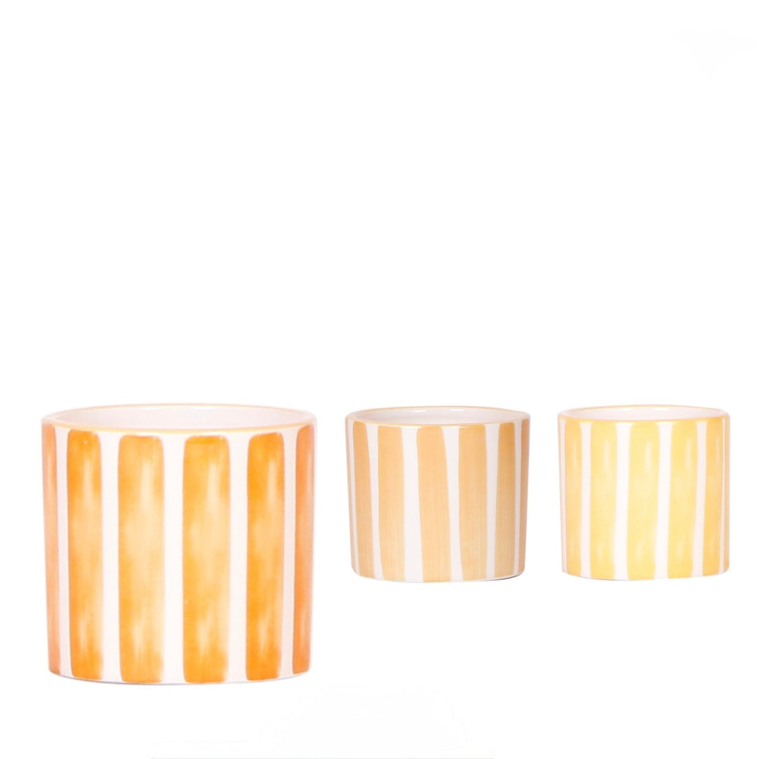 Coprivaso in ceramica smaltata da 6 cm per baby plant con motivo a strisce verticali dipinte nei toni solari del giallo e arancione.
