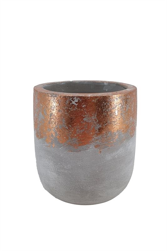 Coprivaso di design della serie Rustic in cemento grigio con dettaglio superiore sfumato in rame metallizzato da 12 cm per piante da interno.