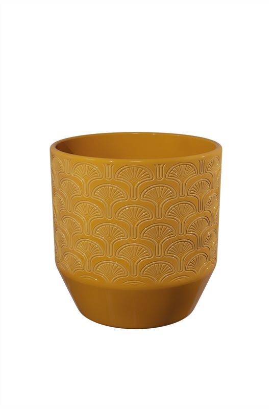 Coprivaso di design in ceramica giallo senape con motivo geometrico a ventaglio in rilievo da 12x13 cm per piante da interno.