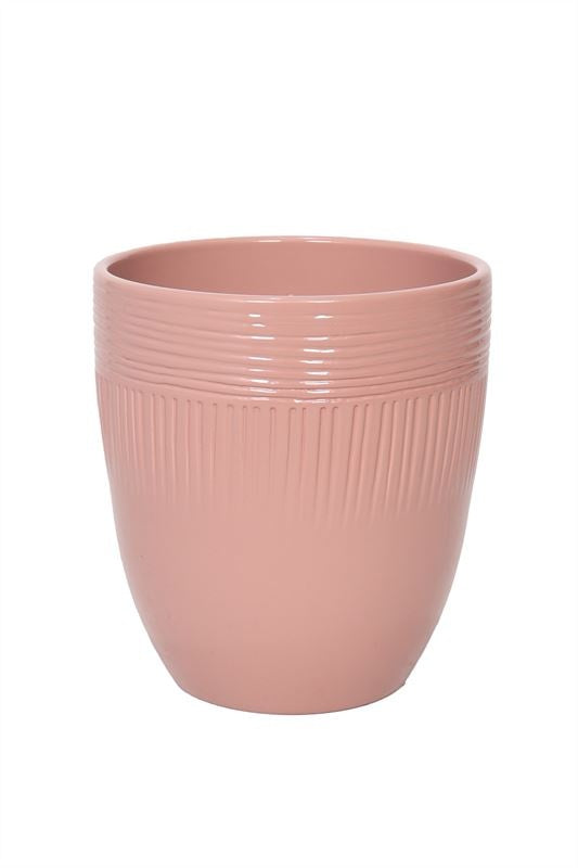 Coprivaso di design in ceramica rosa cipria con lavorazione incisa orizzontale e verticale da 12x13 cm per piante da interno.