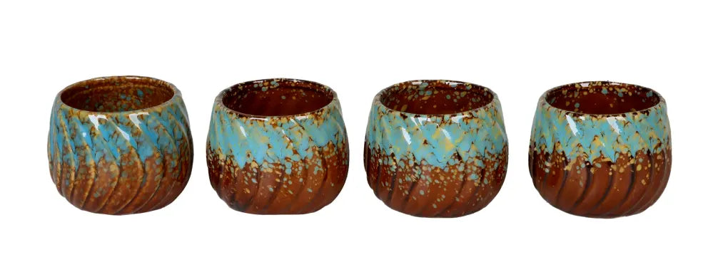 Coprivaso di design in ceramica smaltata sfumata turchese e marrone con lavorazione a spirale da 6 cm per baby plant.