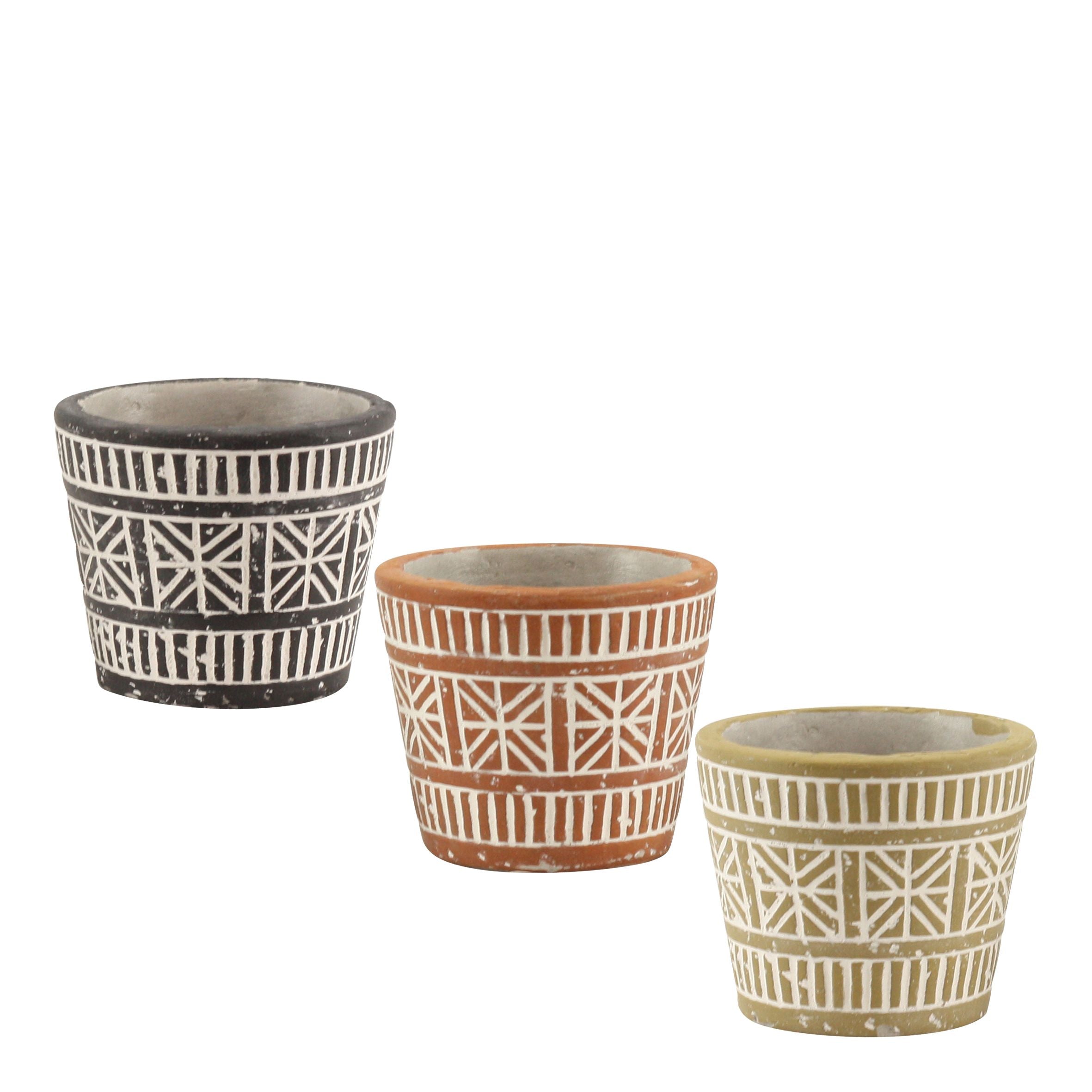 Coprivaso di design in ceramica con incisioni geometriche etniche da 6 cm per baby plant e mini piante grasse.