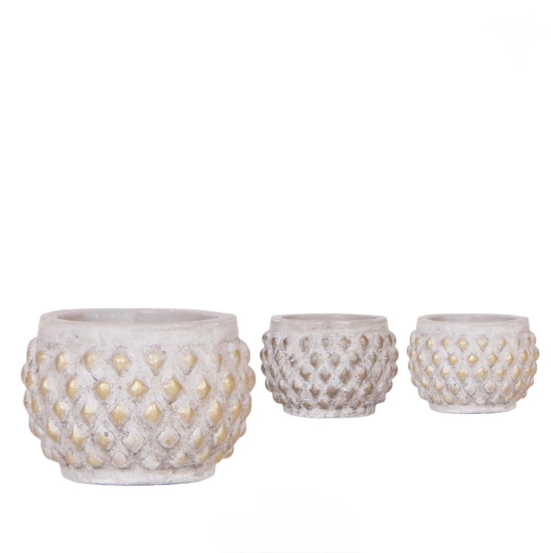 Coprivaso di design in ceramica materica con trama a rombi in rilievo e dettagli dorati per baby plant e piante da interno.