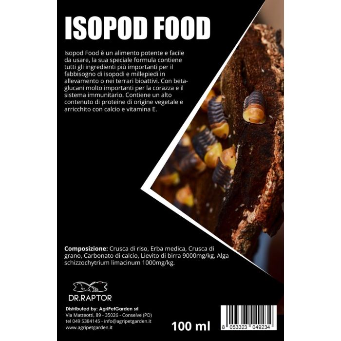 Confezione di Isopod Food da 100ml di Dreaming Plants, mangime completo arricchito con calcio, proteine vegetali e beta-glucani per isopodi e millepiedi.