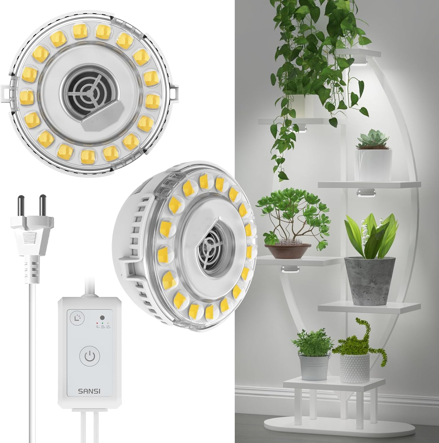Lampada LED da coltivazione adesiva SANSI 10W a 2 teste per sottomobile e scaffali con timer, dimmer e luce naturale 4000K.