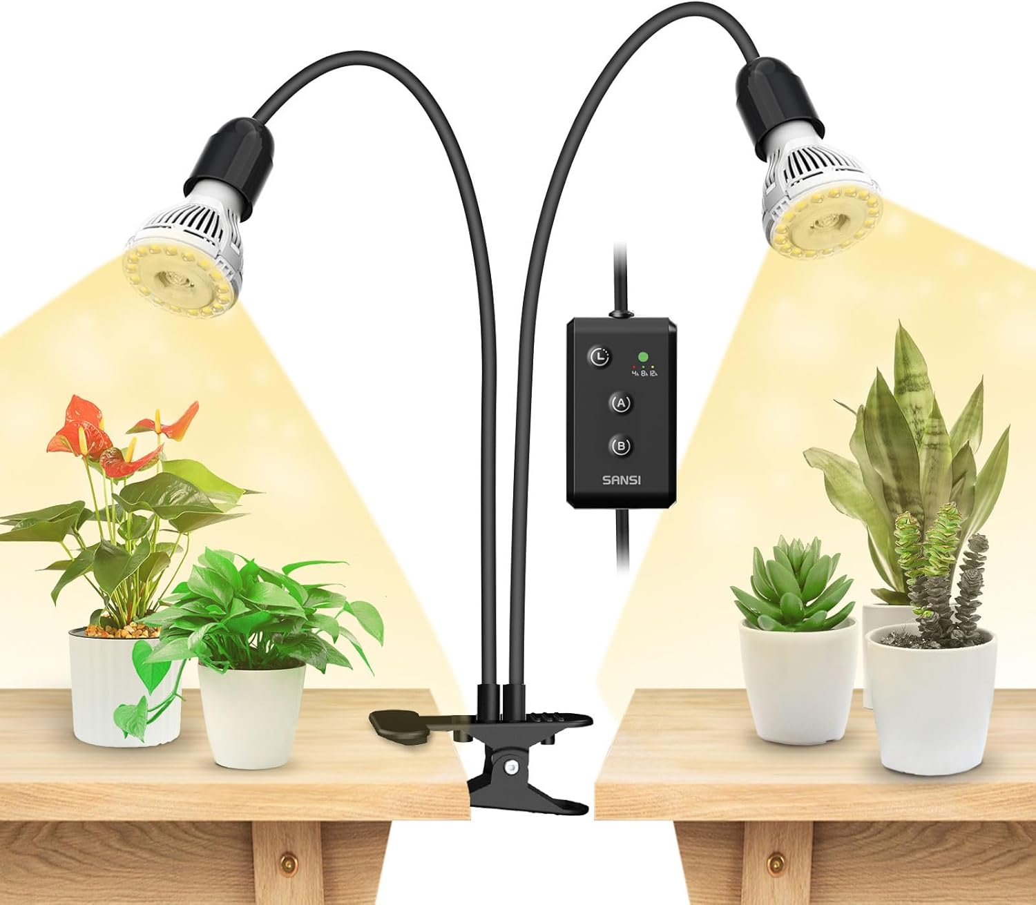 Lampada LED da coltivazione SANSI a 2 teste flessibili da 20W con clip orientabile, cuscinetti protettivi e timer automatico