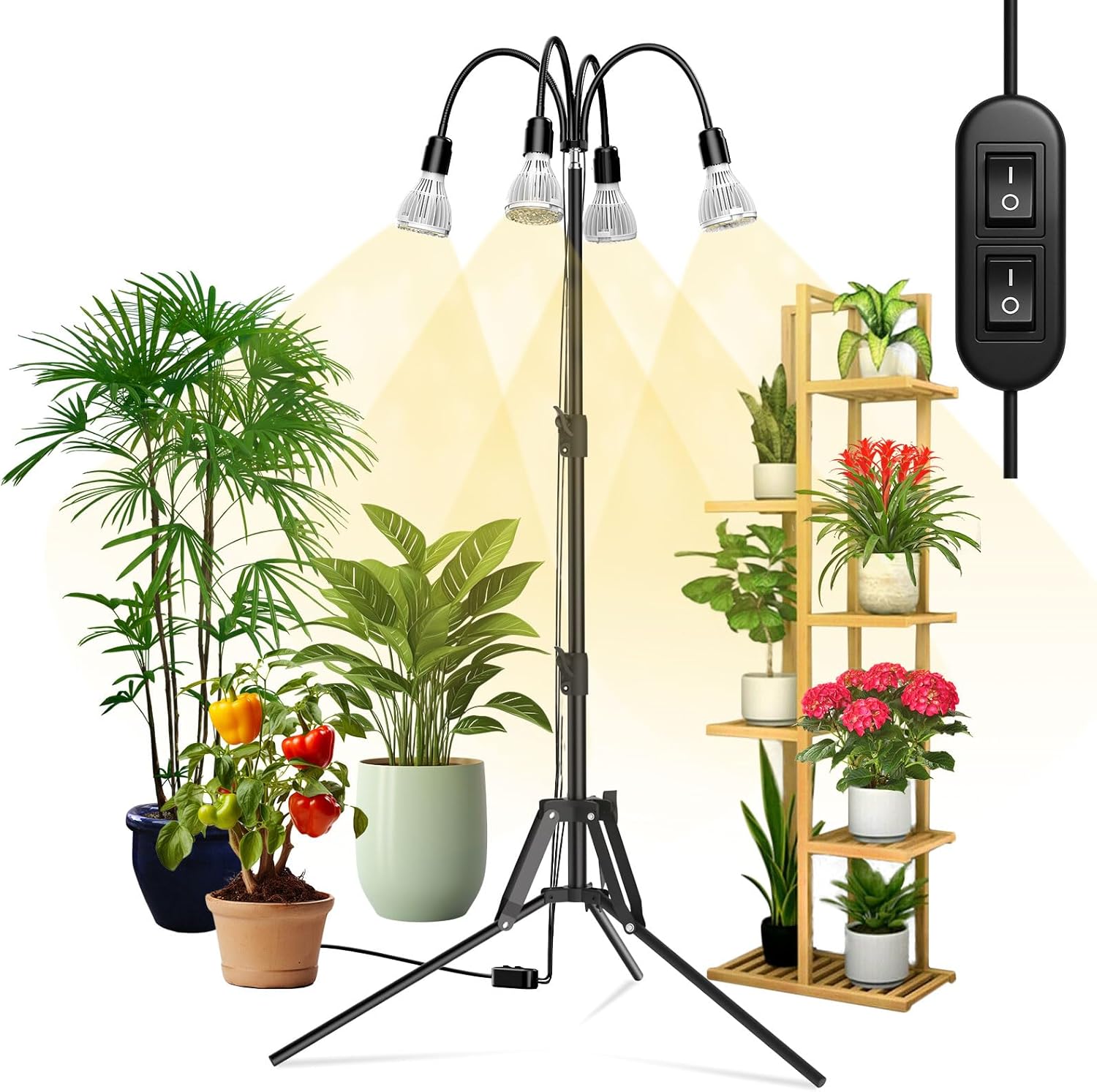 Lampada LED da coltivazione SANSI 120W con treppiede regolabile da pavimento, 4 teste orientabili e spettro completo con integrazione 660 nm.