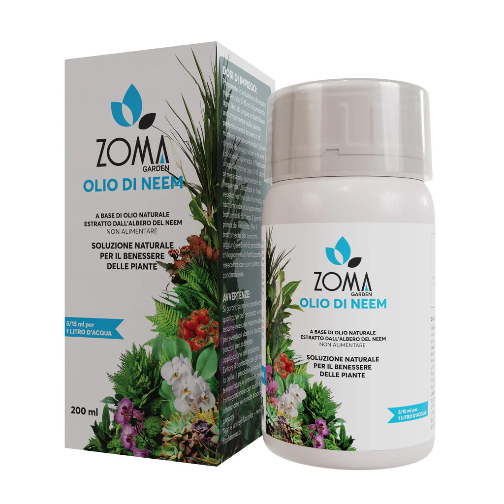 Flacone da 200ml di Olio di Neem ZOMA Garden, protettivo naturale biologico estratto a freddo per la difesa e la salute delle piante.