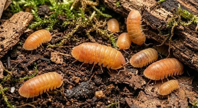 Isopodi Cubaris Murina Papaya di colore arancio vivace, ideali come squadra di pulizia naturale per terrarium tropicali e sistemi bio-attivi.
